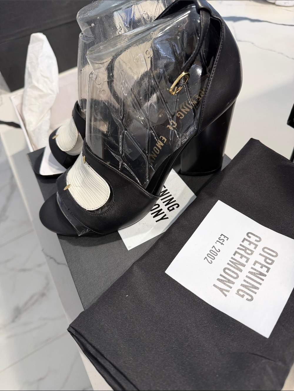 Opening Ceremony Black and White Block Heel Ankle-Strap Sandals